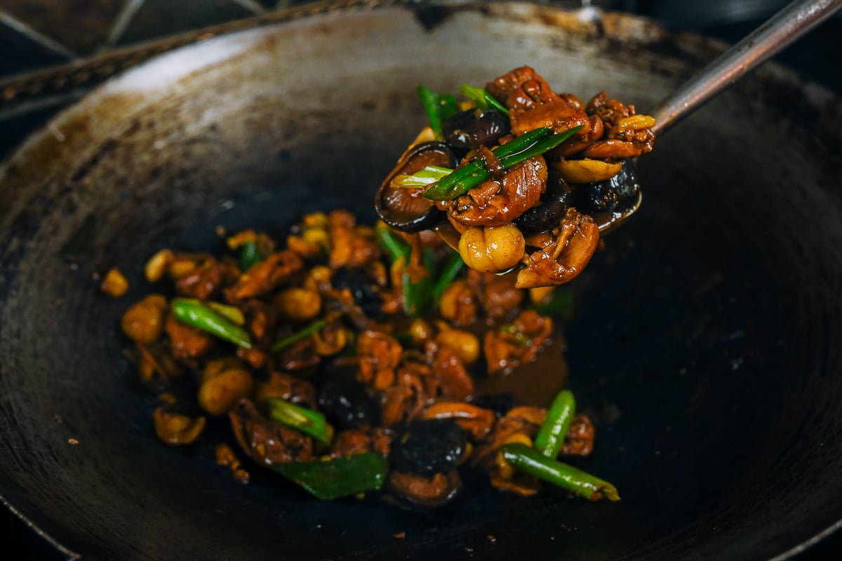 Chinese braised chicken with chestnuts in wok