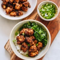 air fryer tofu in bowl with rice and vegetable