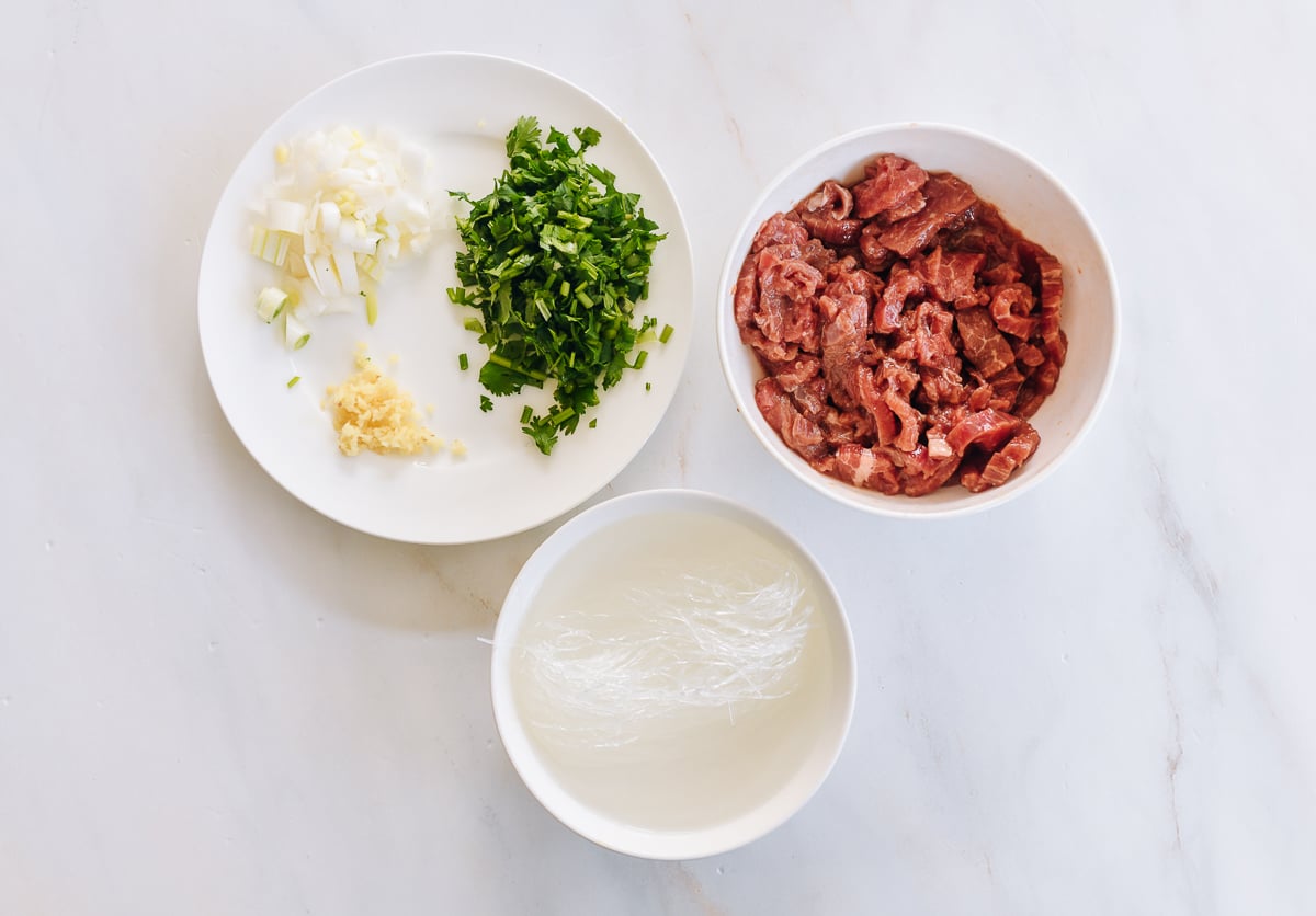 marinated beef, chopped aromatics, soaking mung bean noodles