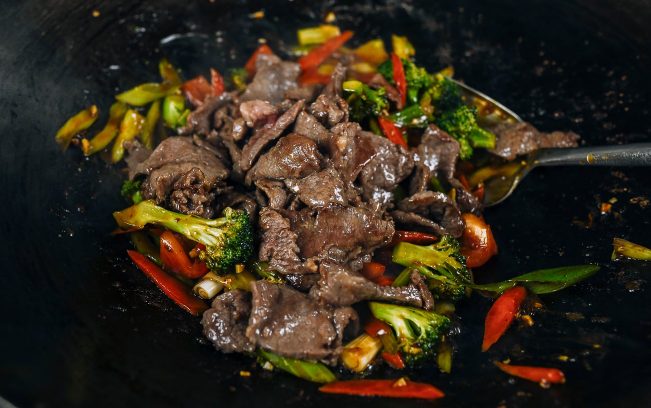 beef added to vegetables and sauce