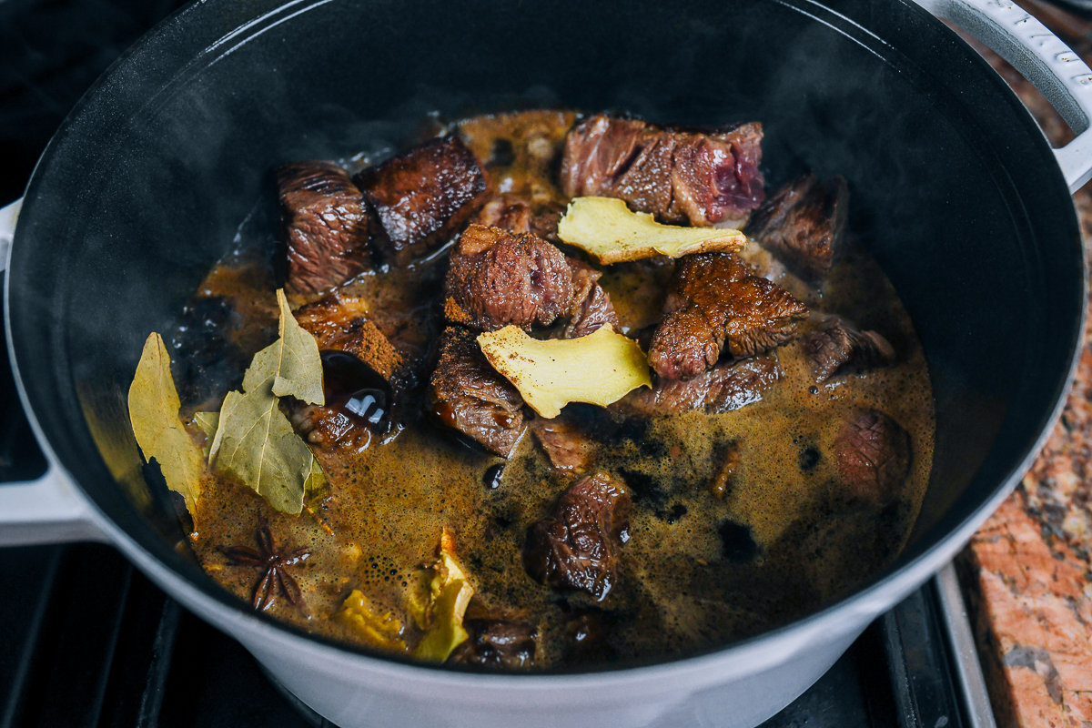beef stew ingredients in dutch oven