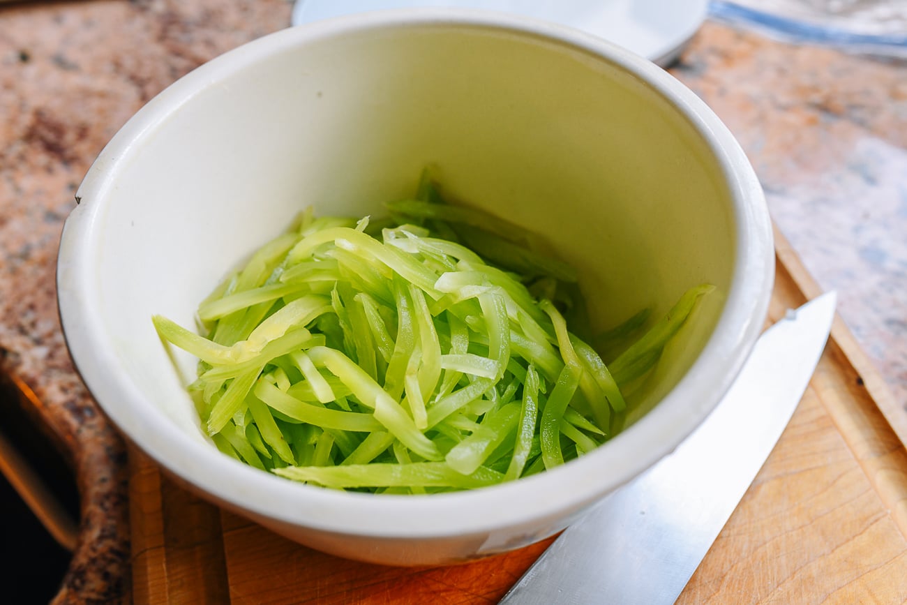 julienned celtuce in bowl