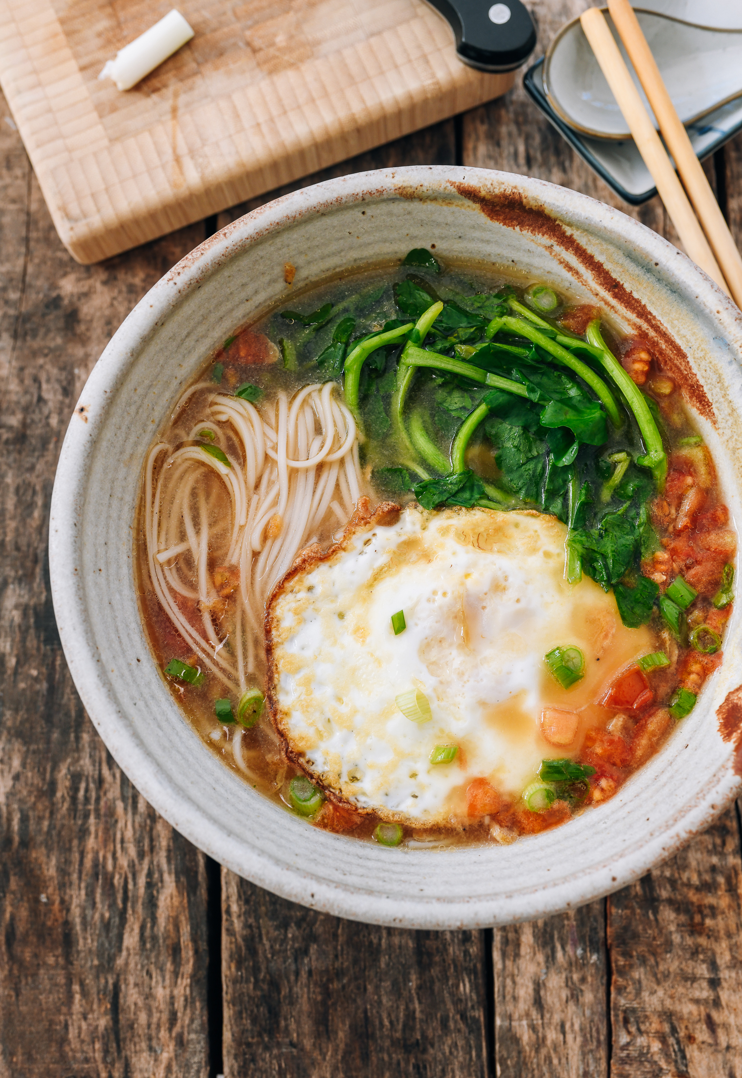 Bowl of Chinese Noodle Soup with Egg and Watercress