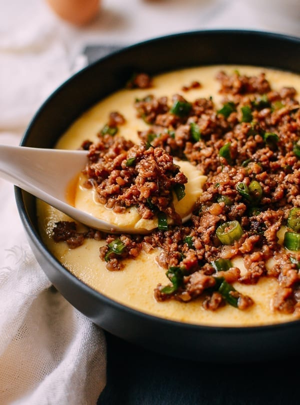 Steamed Eggs with Crispy Pork, thewoksoflife.com
