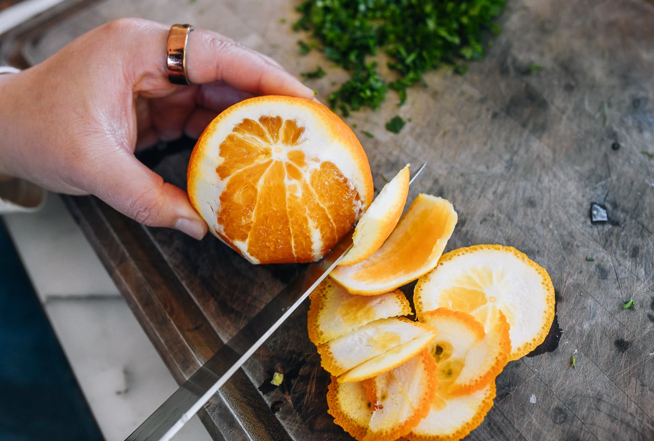 slicing peel off of orange