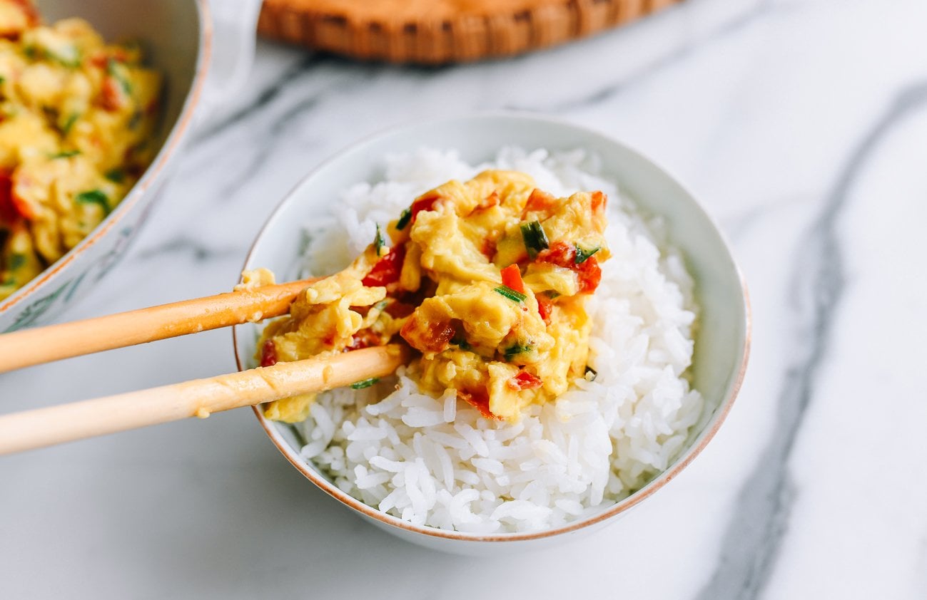 Chinese Chives and Eggs with Salted Chilies over rice