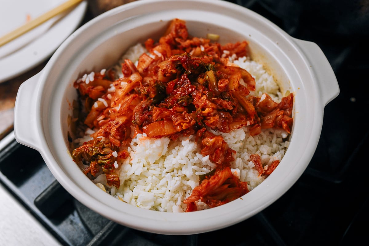 kimchi and rice in pot