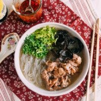 Bowl of Chinese Lamb Noodle Soup with Wood Ears, Cilantro, and Chinese celery