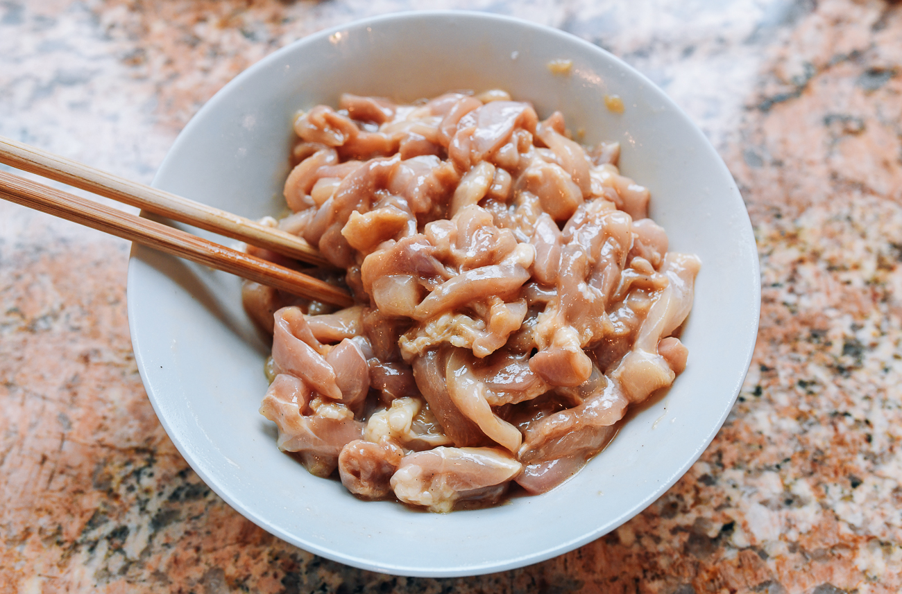 marinating boneless skinless chicken thigh pieces for stir-fry