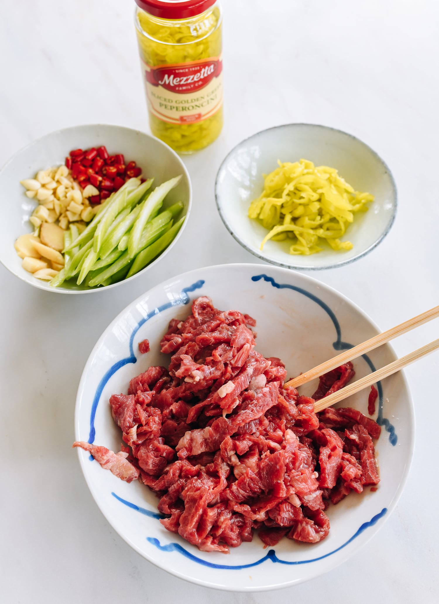 ingredients for beef with pickled pepper stir-fry