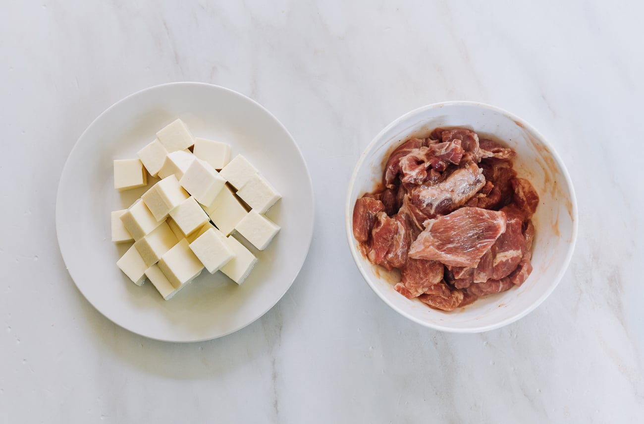 marinated pork and cubed tofu for soup