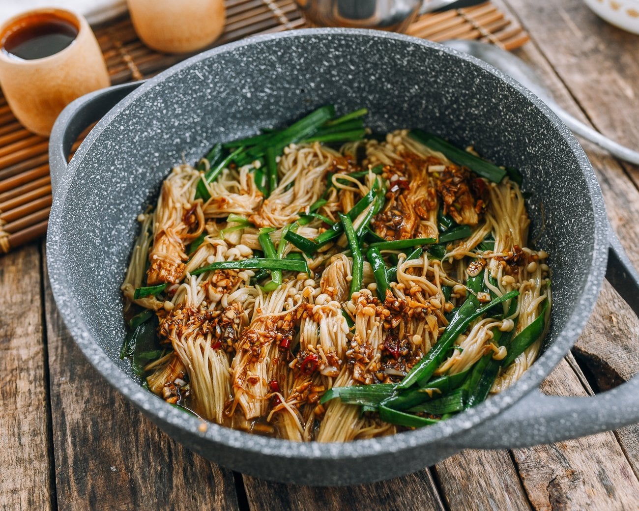 Enoki Mushrooms, Garlic Chives, with spicy garlic sauce